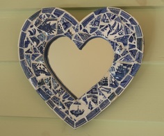 Vintage Blue Willow mosaic heart mirror